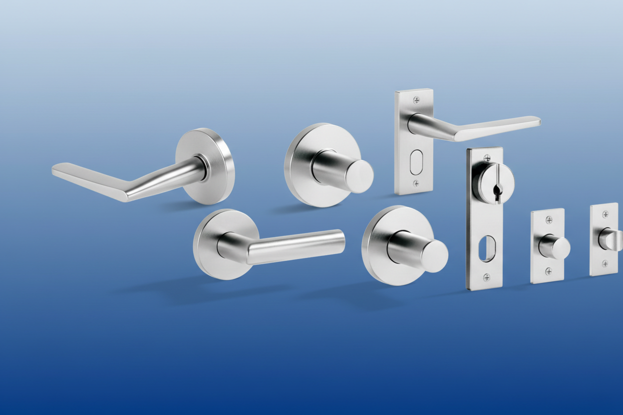 Door hardware banner with blue background